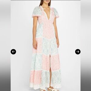 LoveShackFancy Nessie Patchwork Floral Dress in Blue Moon Sands Print